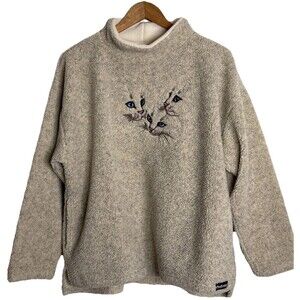 Vtg Chuck Roast Fleece Cat Sweatshirt Mock Neck Womens Small Beige Oversized USA
